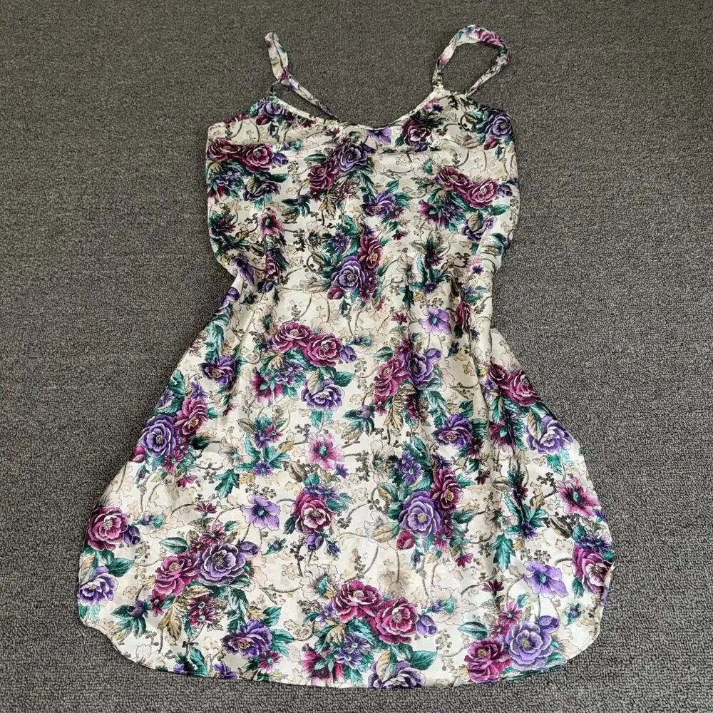 Vintage 90s Adonna Slip Dress Women's Medium Floral Beige Purple Satin Sleepwear - Picture 10 of 10